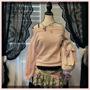 🩷 Y2K BALLETCORE BABH PINK OFF SLEEVE PULLOVER SWEATER
